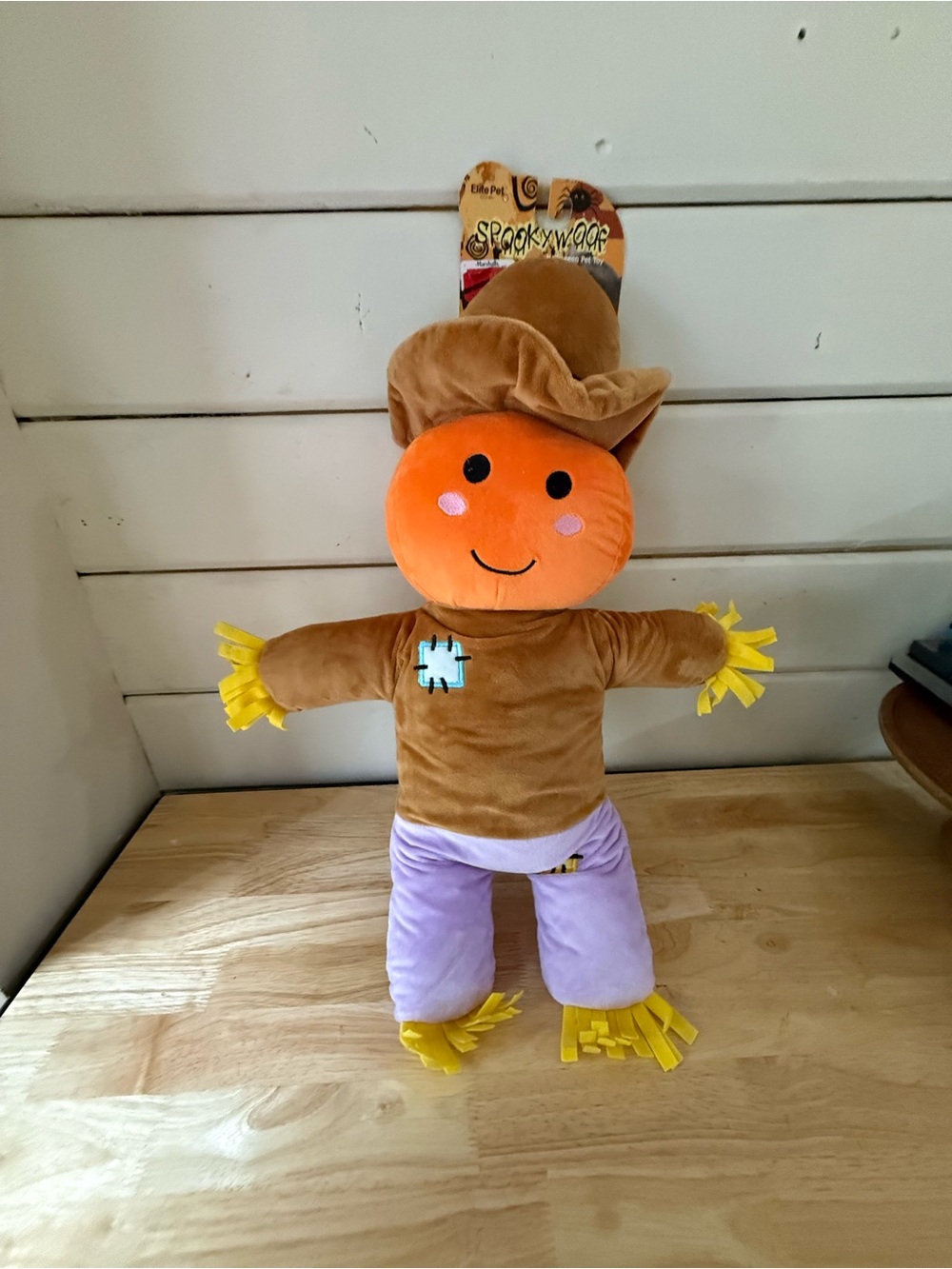 T.J.Maxx Orange & Brown Plush Scarecrow Dog Toy with Purple Pants